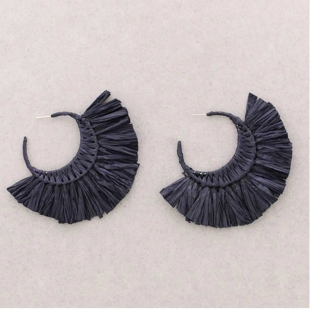 black raffia fan shaped statement earrings