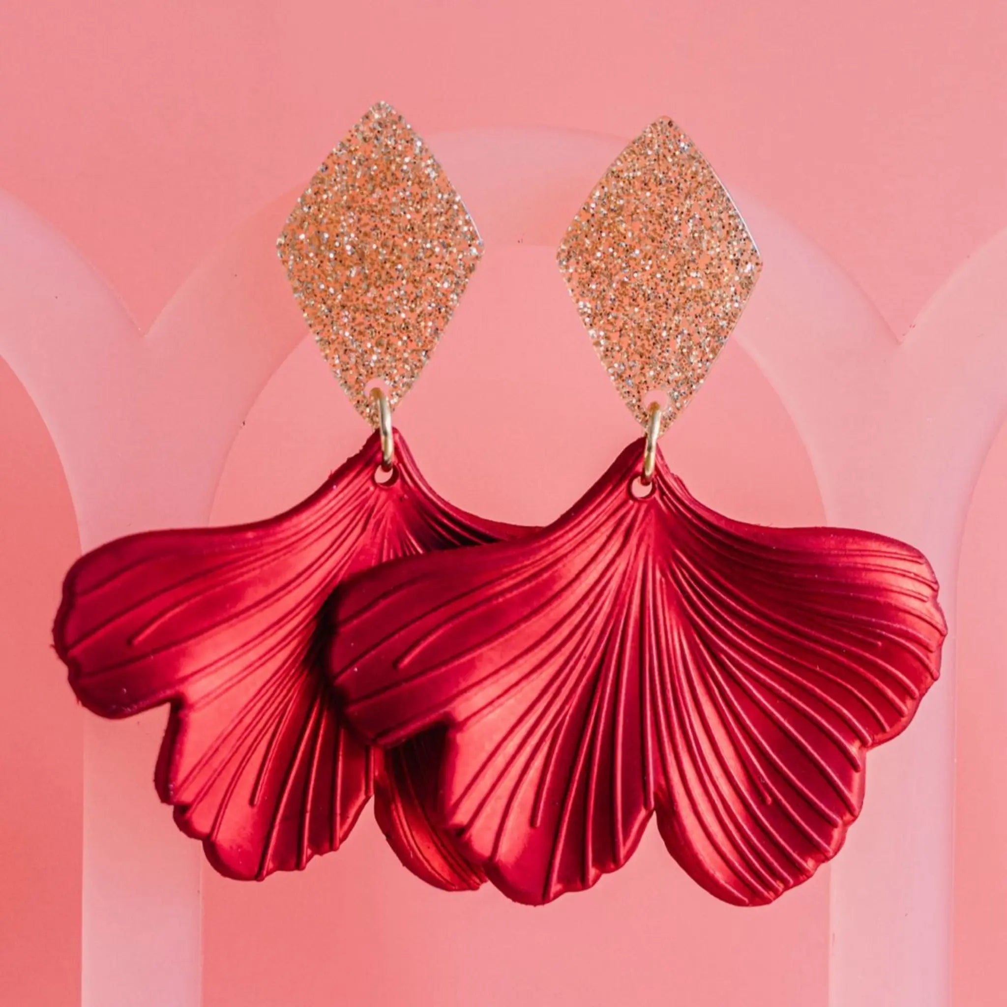 red ginkgo leaf statement earrings