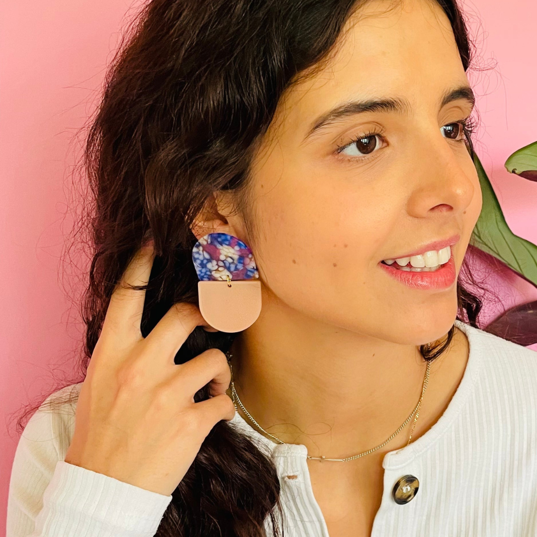 Peach and Mottled Blue Combination Statement Earrings