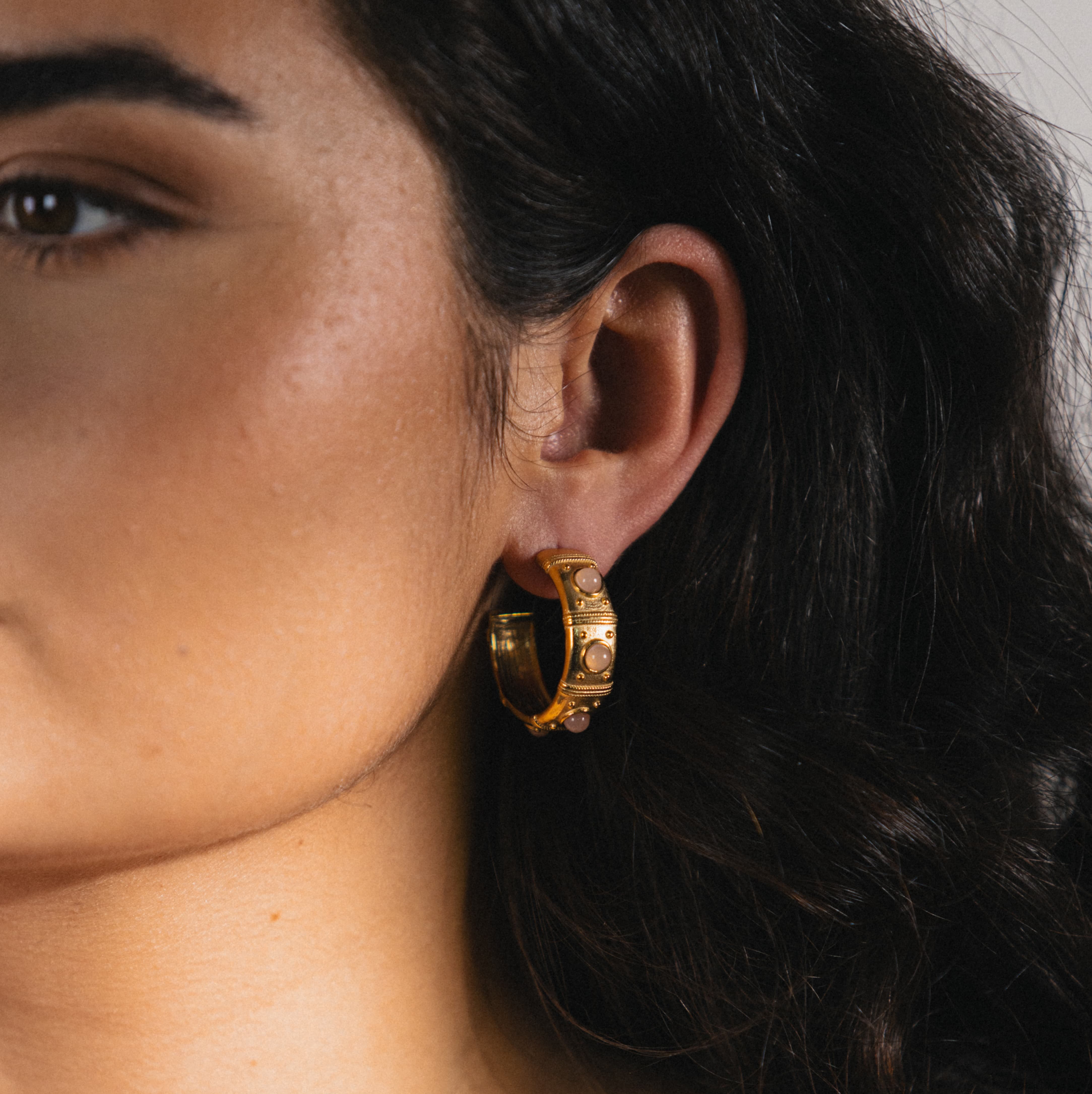 vintage style gold hoops with rose quartz 